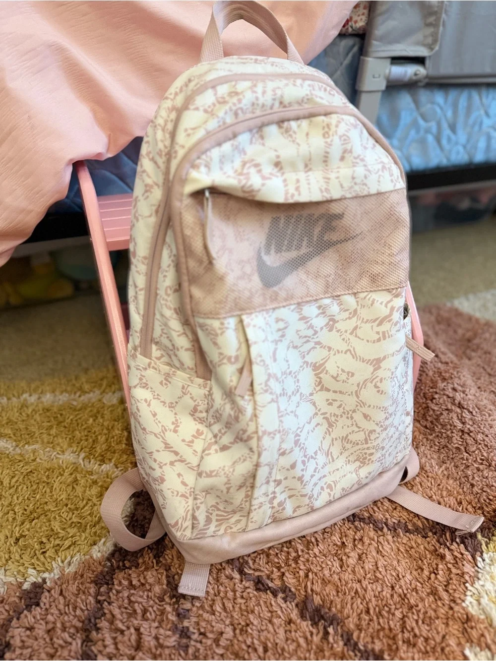 Nike Backpack Cream Pink Abstract Print Mesh Pocket Bookbag School Travel Gym
